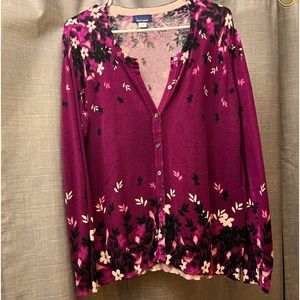 Basic Editions, L, Purple Floral-Print, Button-Up Sweater